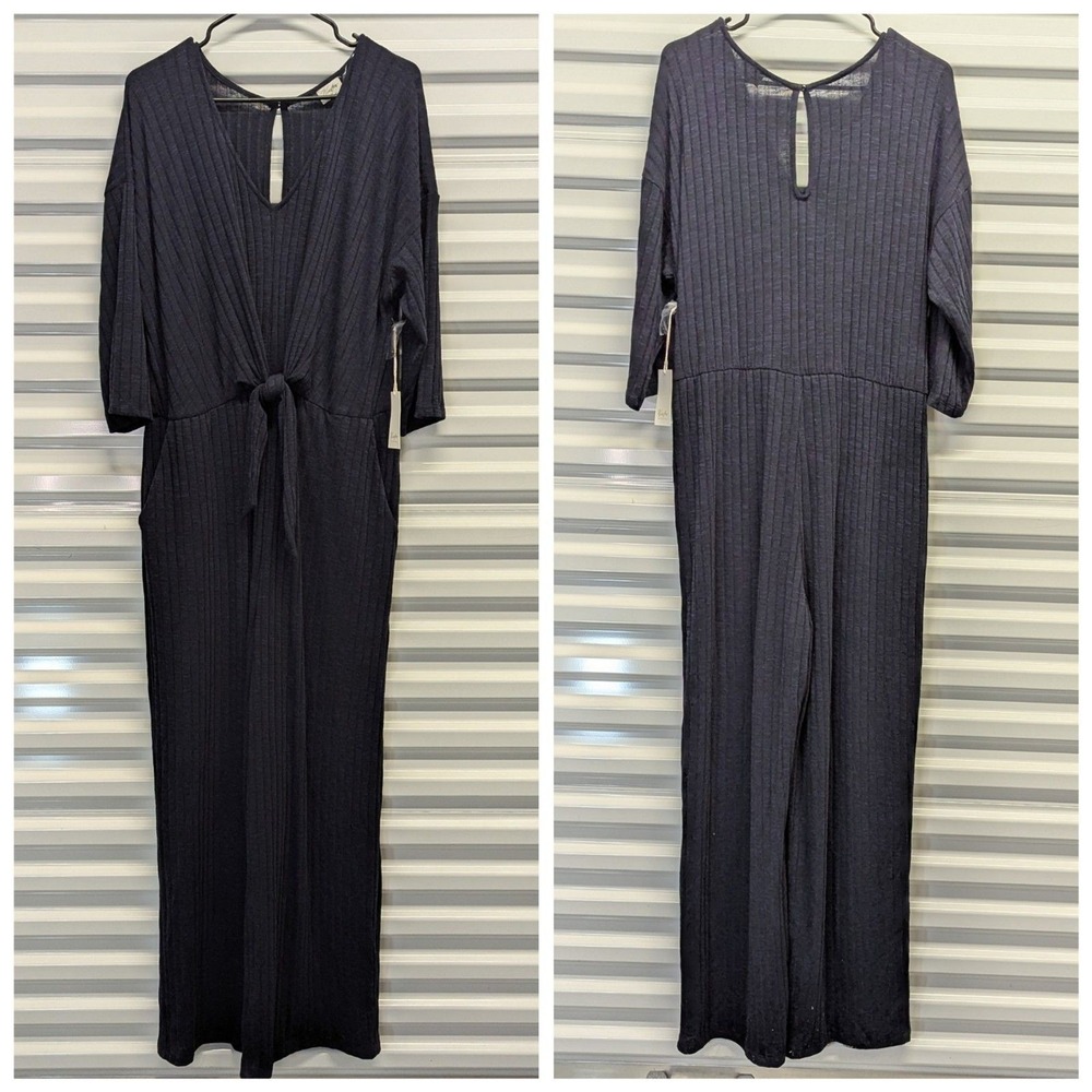 Quiet Luxury Plus Size Navy Wide Leg Jumpsuit NWT Textured Tie Waist Pockets‎